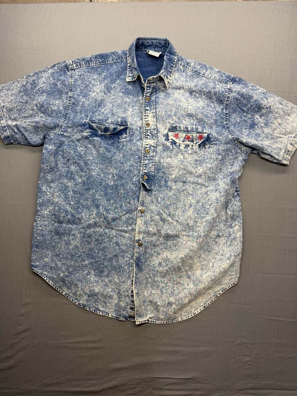 Cotler Acid Wash Denim Short Sleeve Button-Up Shirt with Chicago Flag Embroidery